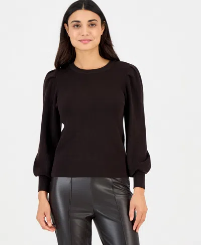 Anne Klein Essentials Women's Petite Puff-sleeve Crewneck Sweater In Deep Mahogany