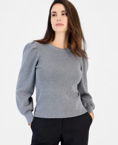Anne Klein Essentials Women's Petite Puff-sleeve Crewneck Sweater In Mid Heather Grey