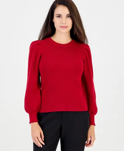 Anne Klein Essentials Women's Petite Puff-sleeve Crewneck Sweater In Titan Red