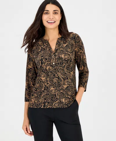 Anne Klein Essentials Women's Petite Woodblock-print V-neck 3/4-sleeve Henley In Anne Black,vicuna