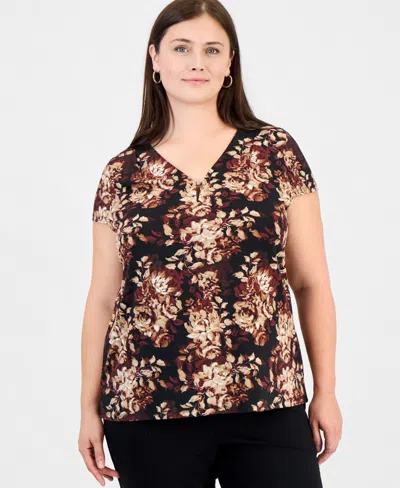 Anne Klein Essentials Women's Plus Size Cap Sleeve Floral Pleat Neck Blouse In Anne Black Multi