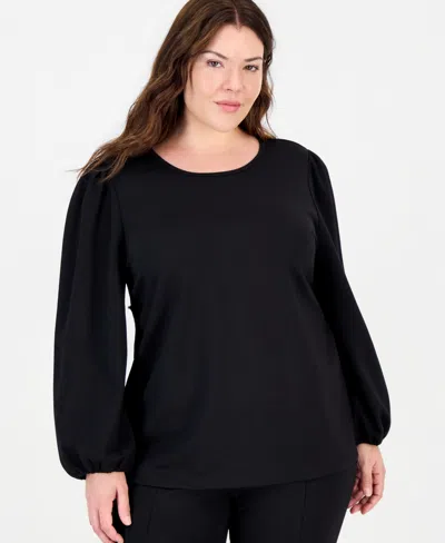Anne Klein Essentials Women's Plus Size Serenity Puff-sleeve Crewneck Knit Blouse In Anne Black