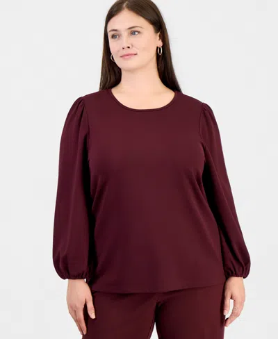 Anne Klein Essentials Women's Plus Size Serenity Puff-sleeve Crewneck Knit Blouse In Barolo