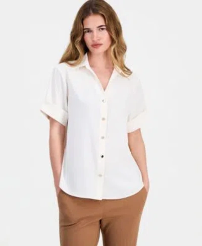 Anne Klein Essentials Womens Button Front Short Sleeve Top In White