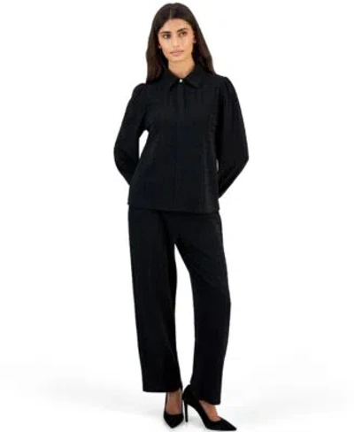 Anne Klein Essentials Womens Houndstooth Pull On Wide Leg Top Pants 2 Piece Set In Black