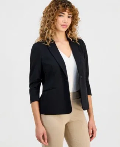Anne Klein Essentials Womens Ponte Knit Scrunch Sleeve Blazer In Black