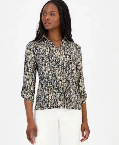 Anne Klein Essentials Womens Printed Collared 3 4 Sleeve Top In Anne Black Multi