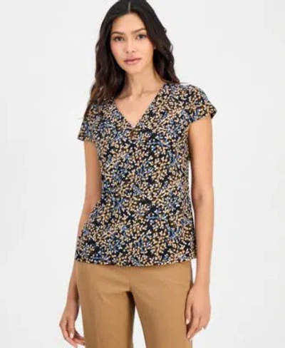Anne Klein Essentials Womens Printed Pleated Neck Cap Sleeve Top In Anne Black Multi