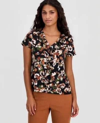 Anne Klein Essentials Womens Printed Ruffle Trim Short Sleeve Top In Multi