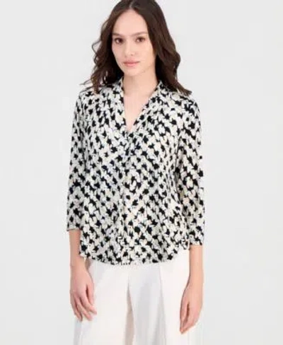 Anne Klein Essentials Womens Printed V Neck 3 4 Sleeve Top In Anne Black