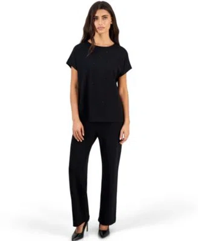Anne Klein Essentials Womens Serenity Heatset Boat Neck High Waisted Wide Leg Top Pants 2 Piece Set In Black