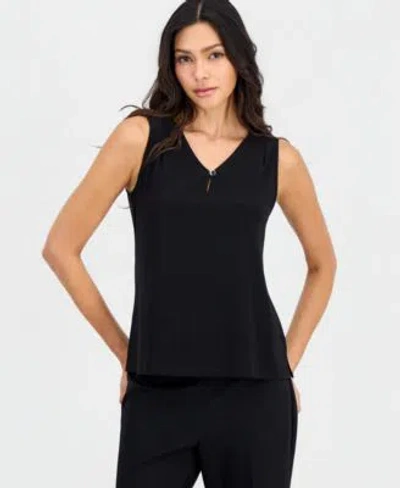 Anne Klein Essentials Womens V Neck Keyhole Sleeveless Blouse In Anne Black