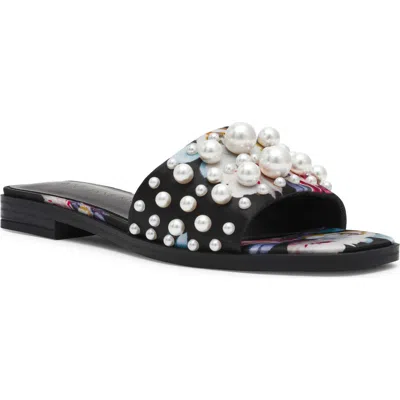 Anne Klein Eugenie Faux Pearl Slide Sandal In Black Floral