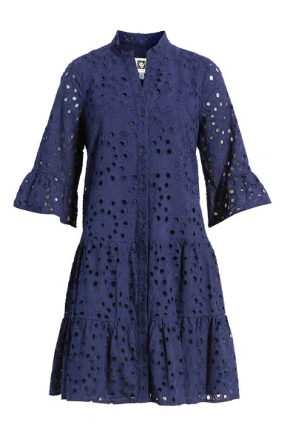 Anne Klein Eyelet Embroidered Tiered Cotton Dress In Blue
