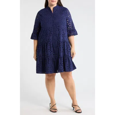 Anne Klein Plus Size Cotton Eyelet Tiered Shirtdress In Blue