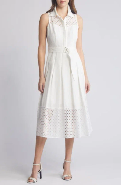 Anne Klein Eyelet Embroidery Linen Blend Midi Dress In White