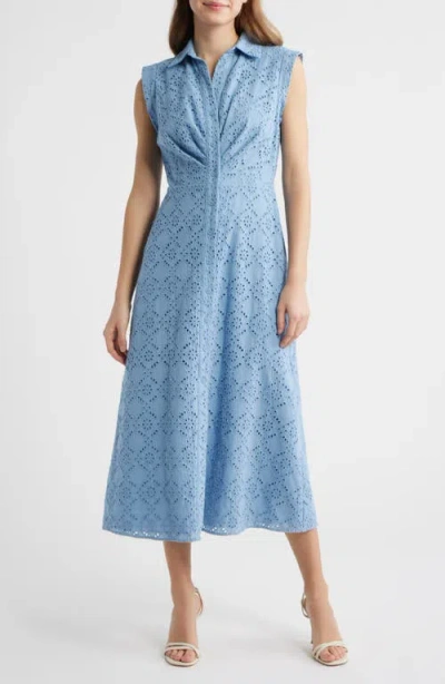 Anne Klein Eyelet Embroidery Sleeveless Shirtdress In Blue
