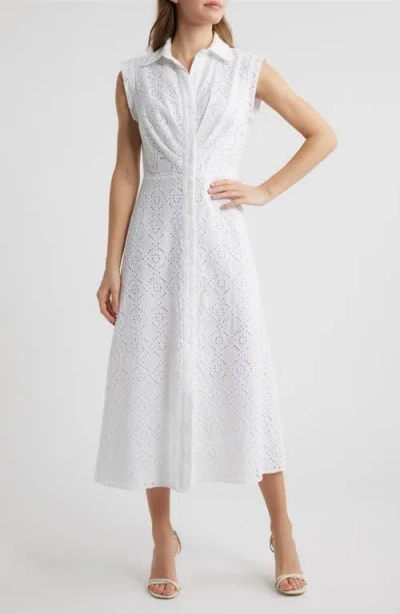 Anne Klein Eyelet Embroidery Sleeveless Shirtdress In White