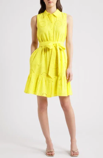 Anne Klein Eyelet Tie Waist Sleeveless Shirtdress In Yellow