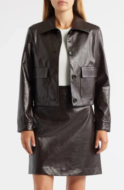 Anne Klein Faux Leather Crop Shirt Jacket In Brown