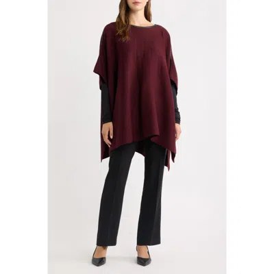 Anne Klein Faux Leather Trim Knit Cape In Burgundy