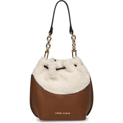 Anne Klein Faux Shearling & Faux Leather Drawstring Bucket Bag In Chestnut