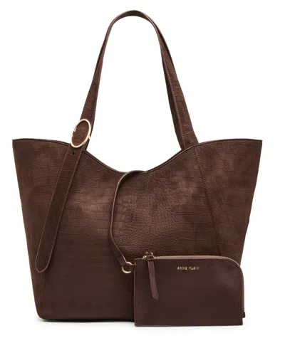 Anne Klein Faux Suede Croc Emboss Extra-large Tote Handbag In Brown