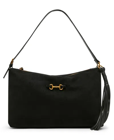 Anne Klein Faux Suede Large Horse Bit Shoulder Handbag In Black