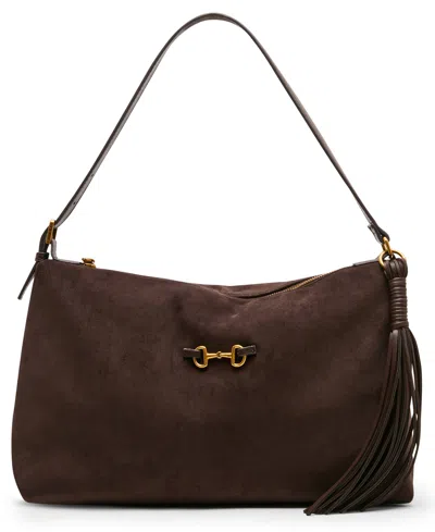 Anne Klein Faux Suede Large Horse Bit Shoulder Handbag In Brown