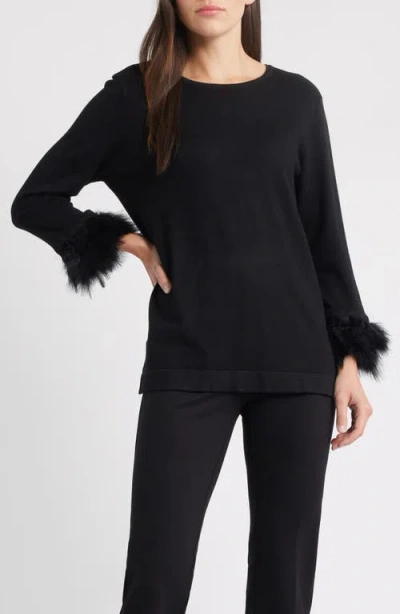 Anne Klein Feather Cuff Long Sleeve Knit Top In Black