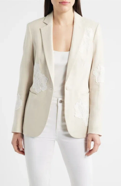 Anne Klein Floral Appliqué Linen Blend Blazer In Neutral