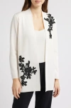 Anne Klein Floral Open Front Cardigan In White Dove/anne Black