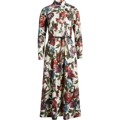 Anne Klein Floral Belted Mock Neck Long Sleeve Maxi Dress In Pink