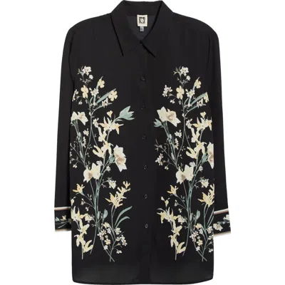 Anne Klein Floral Button-up Shirt In Black