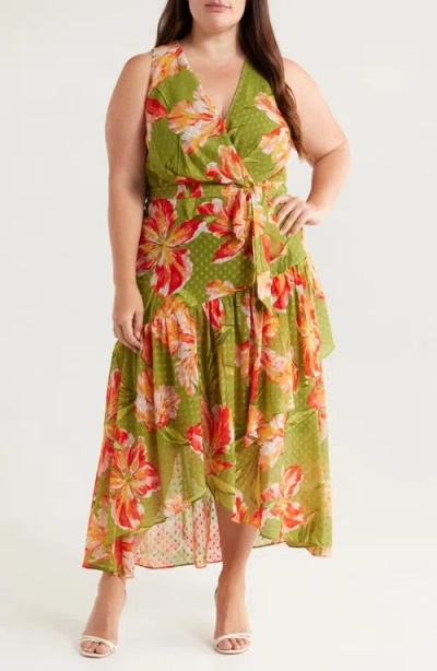 Anne Klein Floral Clip Dot High-low Faux Wrap Dress