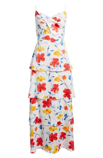 Anne Klein Floral Cowl Neck Tiered Dress In Pearl White Multi