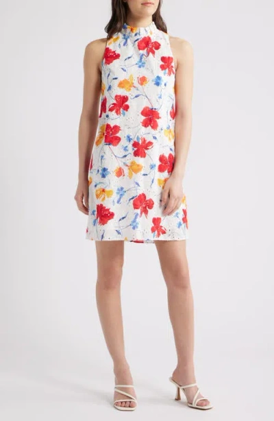 Anne Klein Floral Embroidered Eyelet Sleeveless Cotton Shift Dress In Pearl White Multi