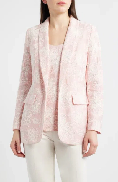 Anne Klein Floral Embroidered Open Front Shawl Collar Blazer In Pink