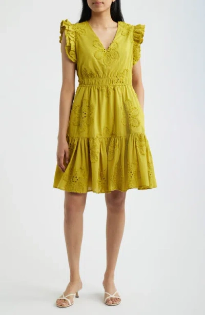 Anne Klein Floral Embroidered Ruffle Dress In Yellow