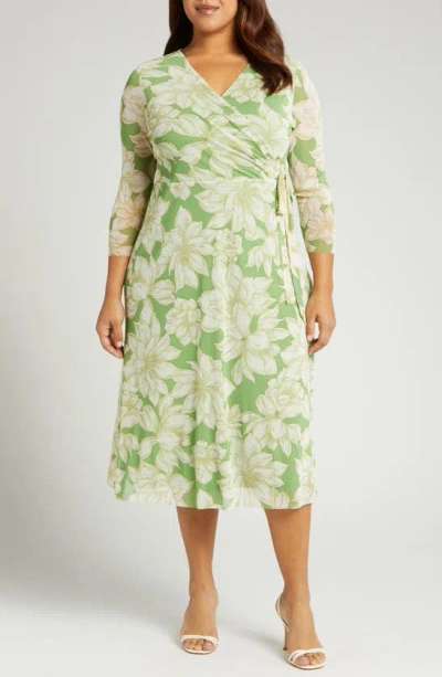 Anne Klein Floral Faux Wrap Mesh Midi Dress In Foliage Multi
