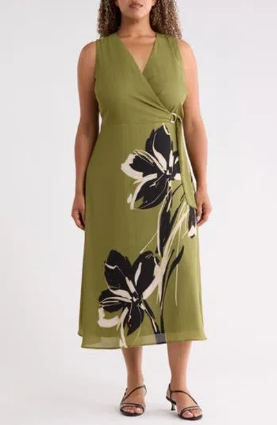 Anne Klein Print Sleeveless Faux Wrap Midi Dress In Multi