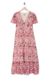Anne Klein Floral Flutter Sleeve Tiered Maxi Dress In Multi