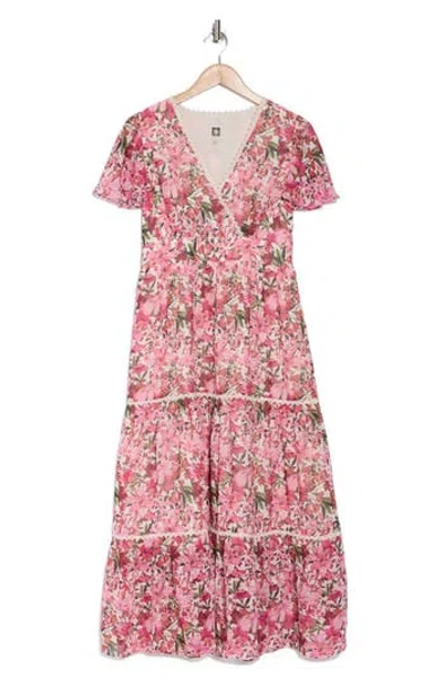 Anne Klein Floral Flutter Sleeve Tiered Maxi Dress In Carmine Rose Multi