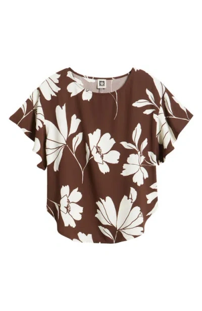 Anne Klein Floral Flutter Sleeve Top In Brown