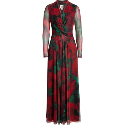 Anne Klein Floral Front Twist Long Sleeve Maxi Dress In Titan Red Multi