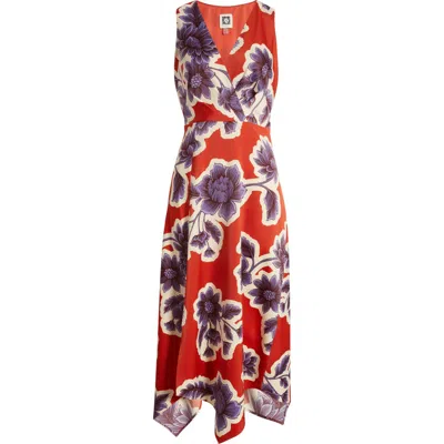 Anne Klein Floral Handkerchief Hem Dress In Tandoori Red Multi