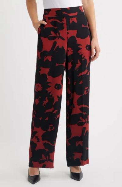 Anne Klein Floral High Waist Wide Leg Pants In Black