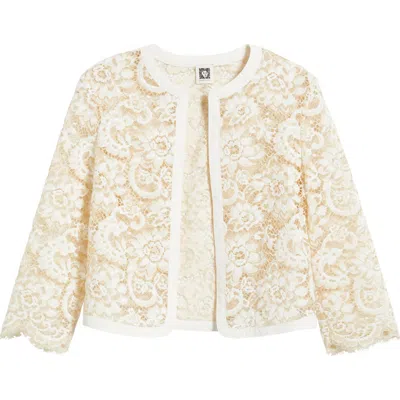 Anne Klein Floral Lace Open Front Jacket In White Dove,canvas