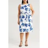 Anne Klein Plus Size Floral-print Linen-blend Fit & Flare Dress In Santorini Blue Multi