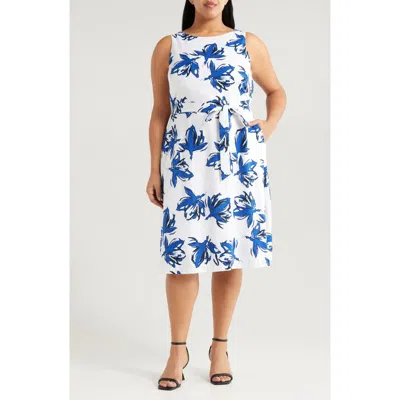 Anne Klein Plus Size Floral-print Linen-blend Fit & Flare Dress In Santorini Blue Multi